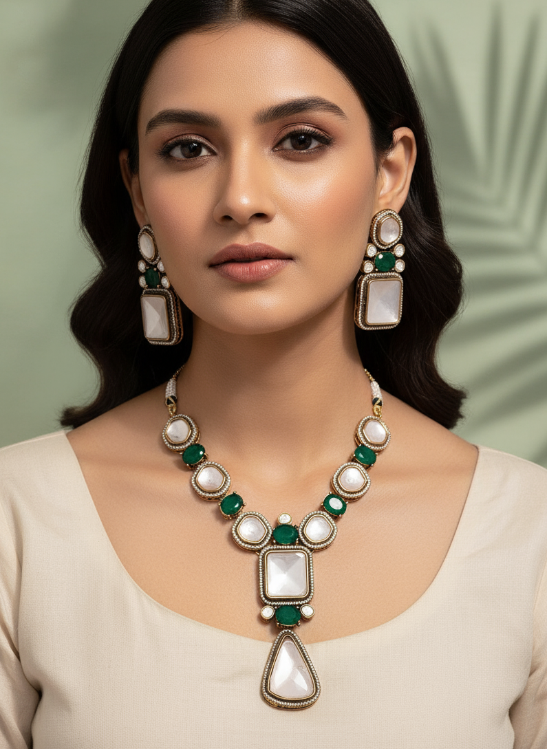 GOLD PLATED ROYAL MOISSANITE & GREEN STONE NECKLACE SET