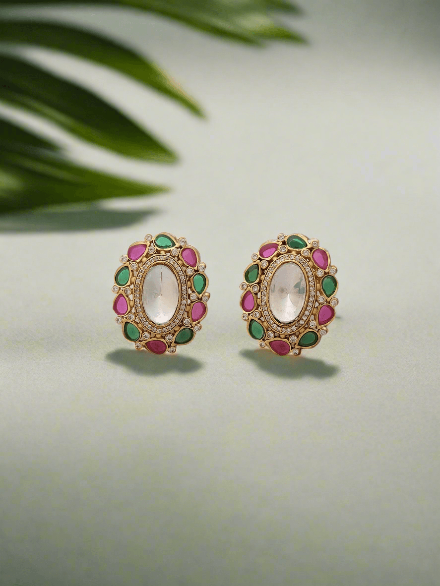 MOISSANITE KUNDAN CRYSTAL GREEN & RED OVAL STUDS - Mirae 