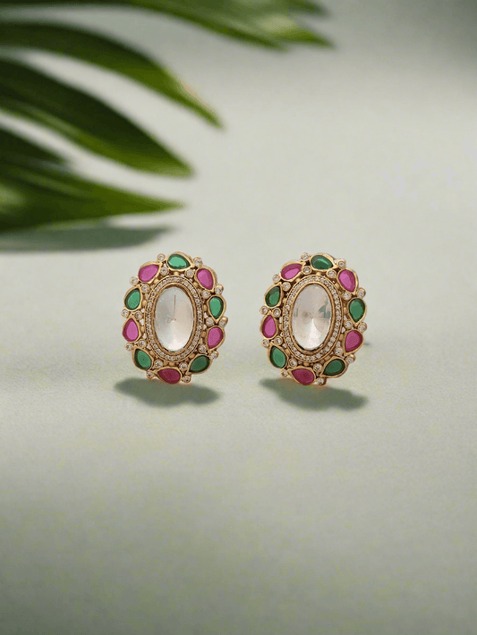 MOISSANITE KUNDAN CRYSTAL GREEN & RED OVAL STUDS - Mirae 