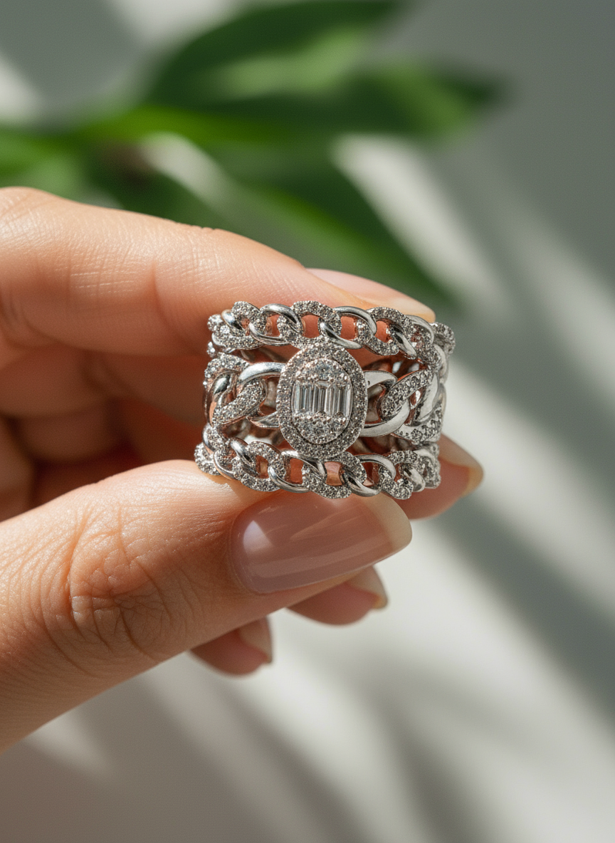 Modern Statement Ring with Interlocking Chain and Diamond Accents