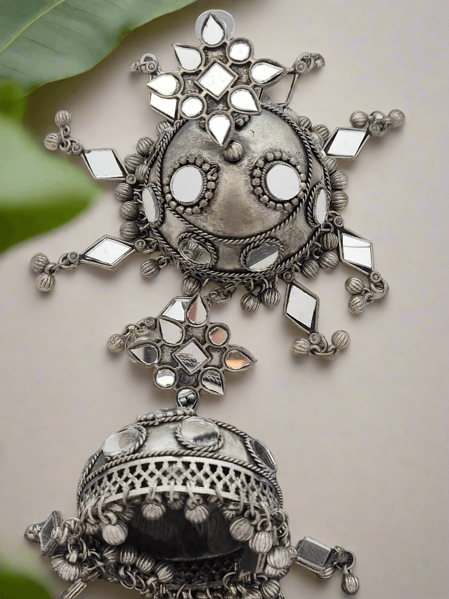Oxidized extra large Jhumkha with mirror detail earrings - Mirae 