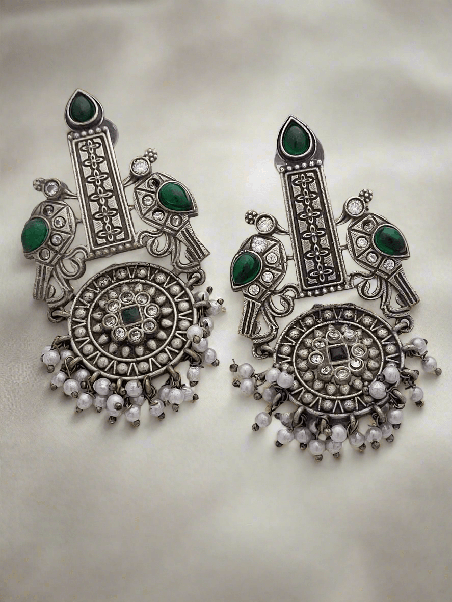 Oxidized Peacock motif long earrings - Mirae 