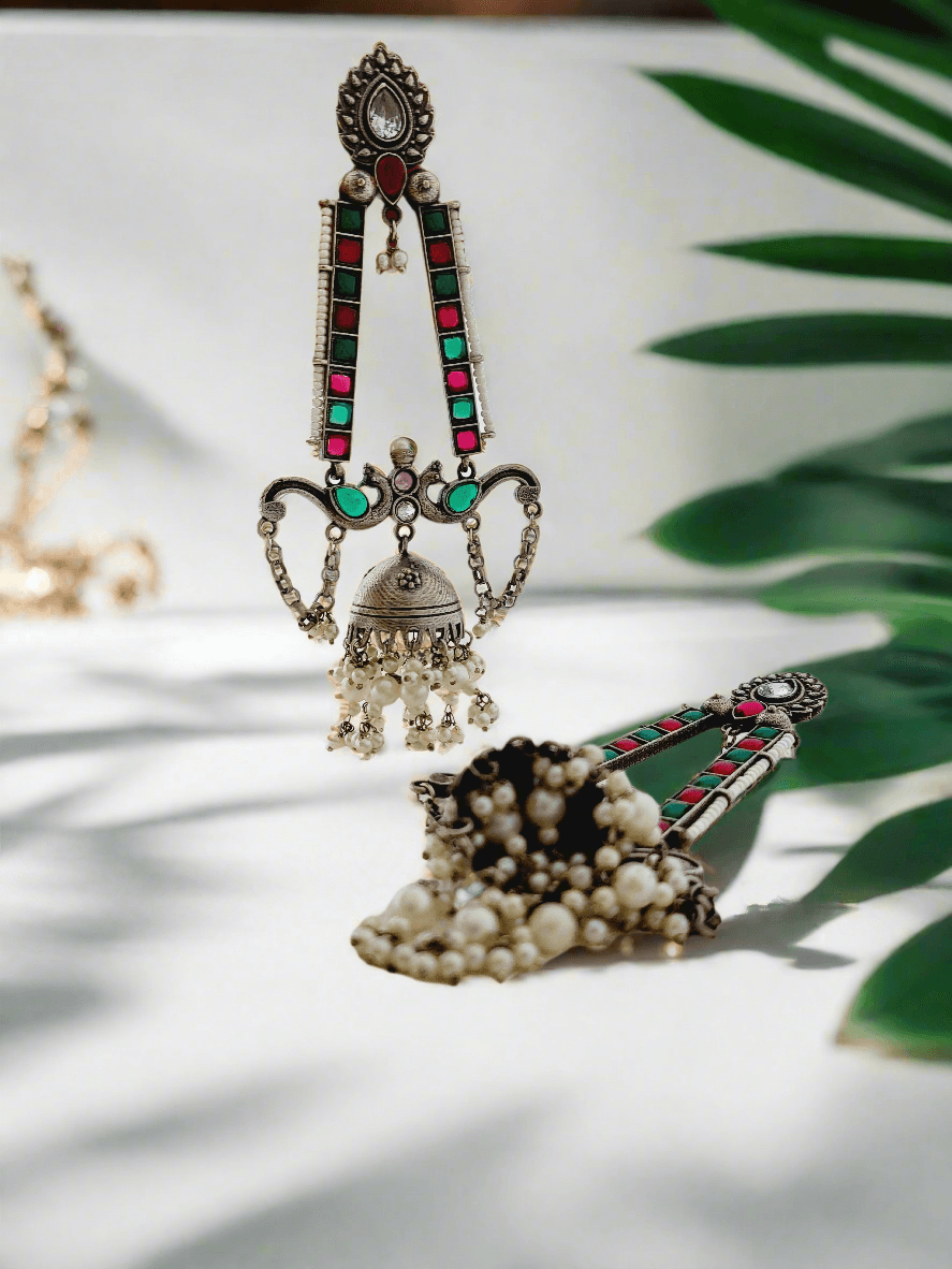 Oxidized Silver Jhumka Earrings with Enamel and Pearl Drops - Mirae 