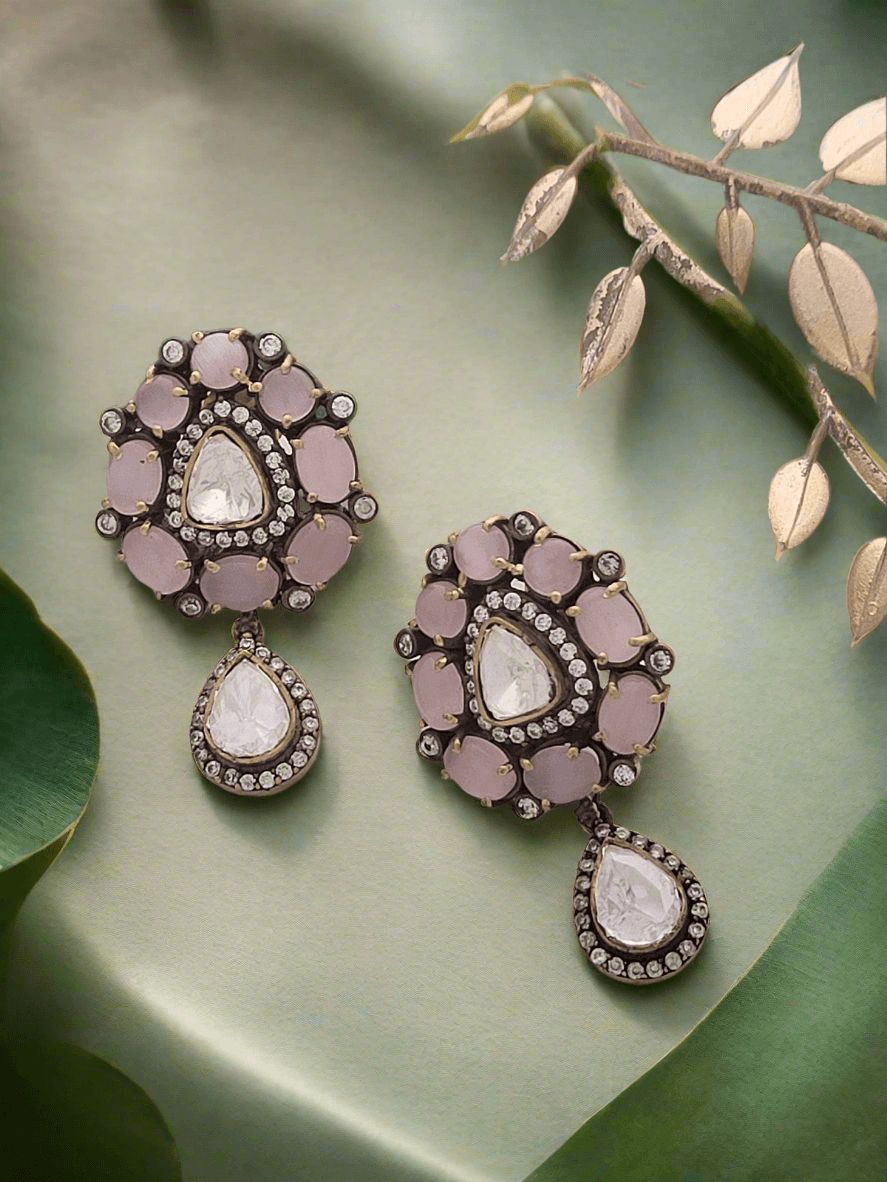 Blush Pink Stone and Polki Accent Drop Earrings - Mirae 