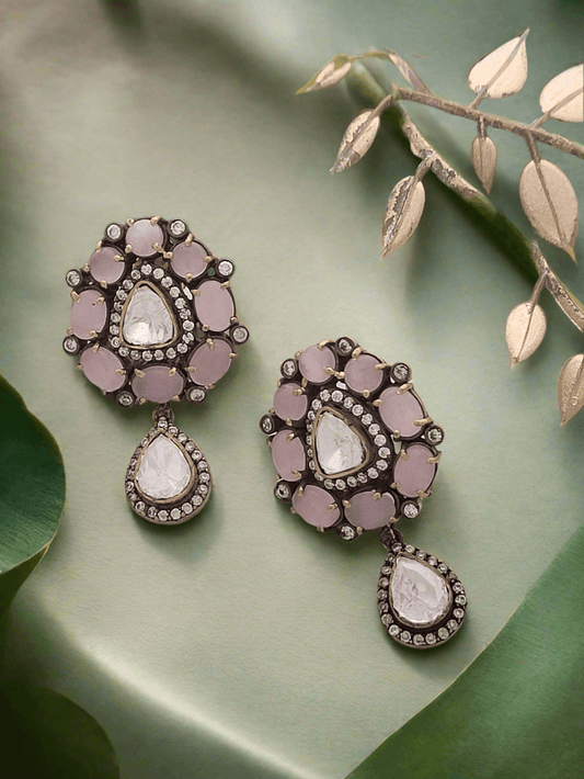 Blush Pink Stone and Polki Accent Drop Earrings - Mirae 