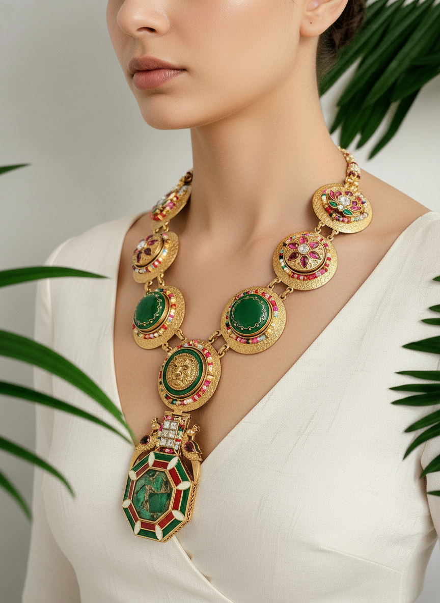 ANTIQUE GOLD PLATED CONTEMPORARY  SET WITH GREEN AND RED ENAMEL