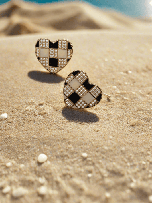 Chic Checkerboard Heart Stud Earrings – Black, White & Pearl Detailing - Mirae 