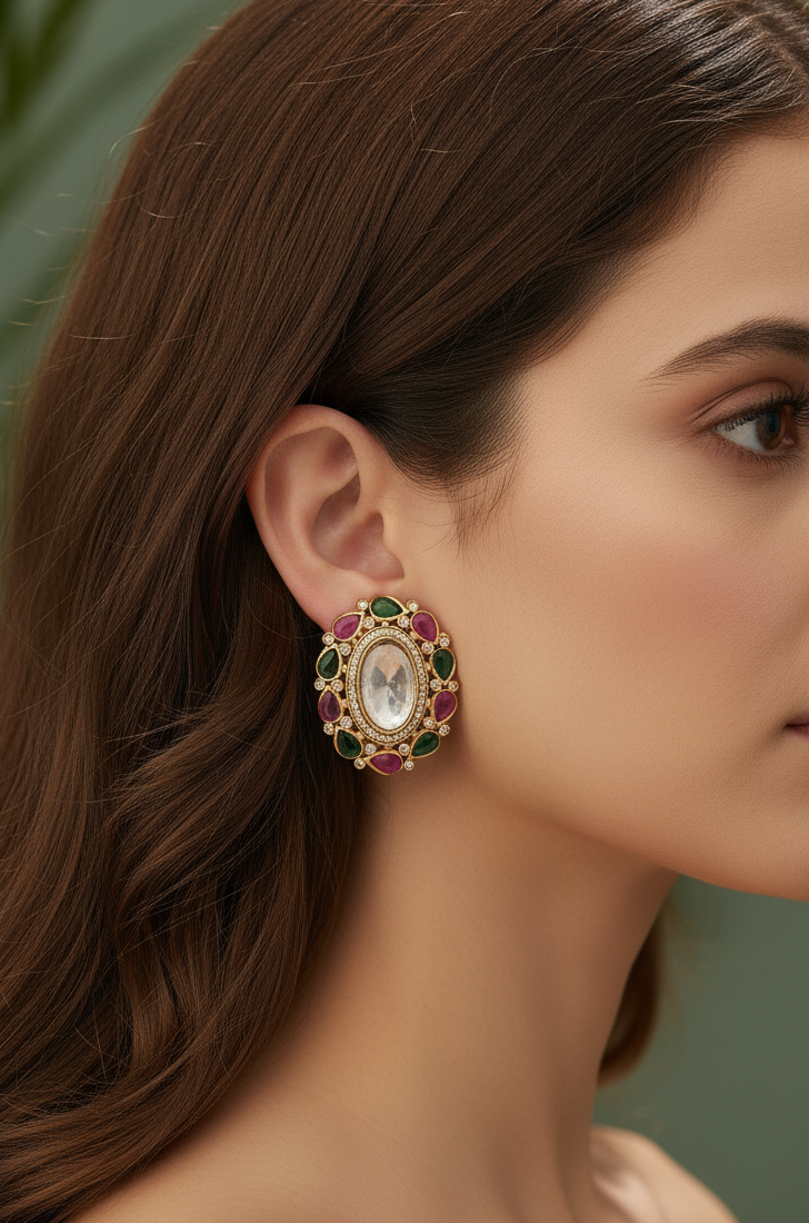 MOISSANITE KUNDAN CRYSTAL GREEN & RED OVAL STUDS