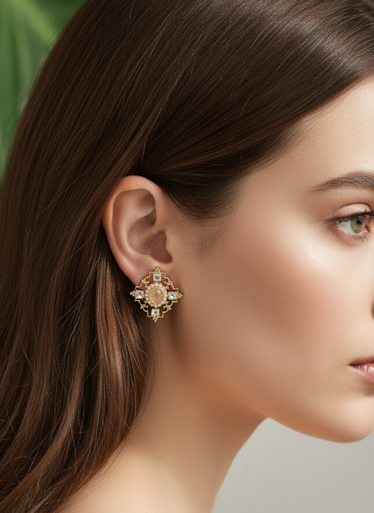 Elegant and ornate vintage inspired crystal & pearl studs