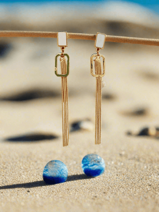 Modern Rectangular white stone & Chain Tassel Earrings - Mirae 