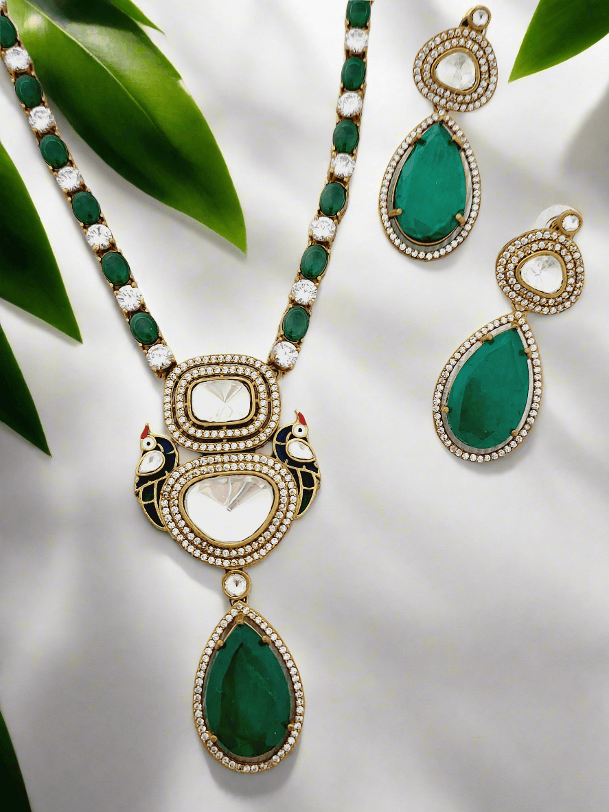 Regal Polki and Emerald Necklace Set - Statement Elegance - Mirae 
