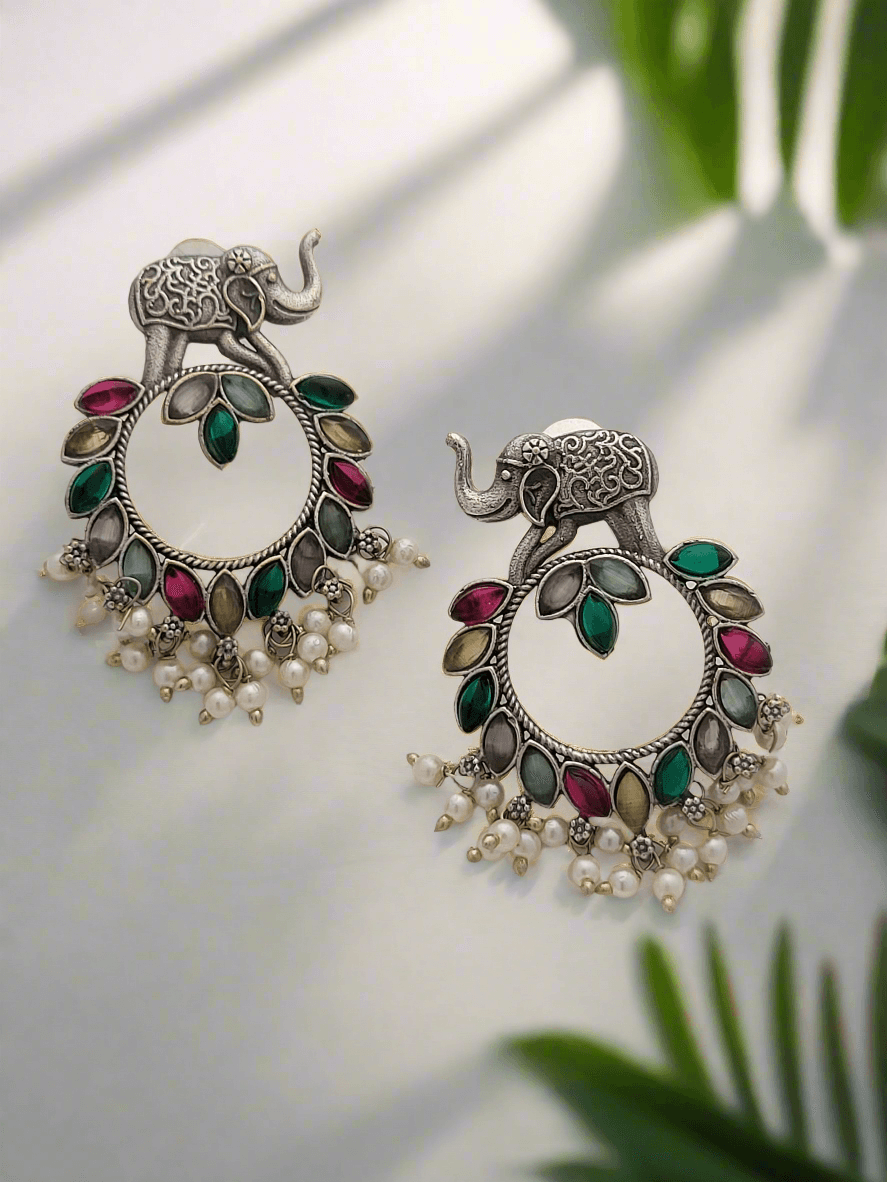 Oxidized Elephant motif earrings - Mirae 