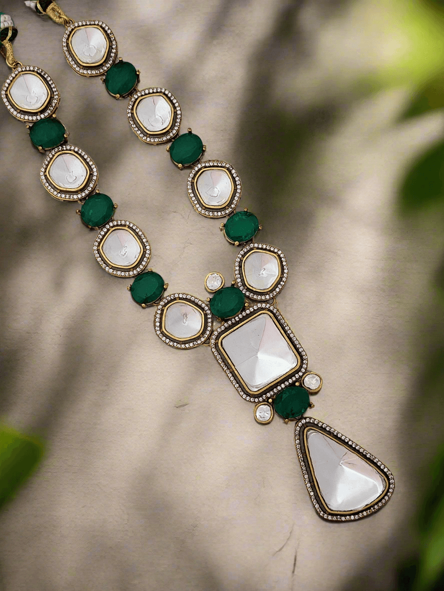 GOLD PLATED ROYAL MOISSANITE & GREEN STONE NECKLACE SET - Mirae 
