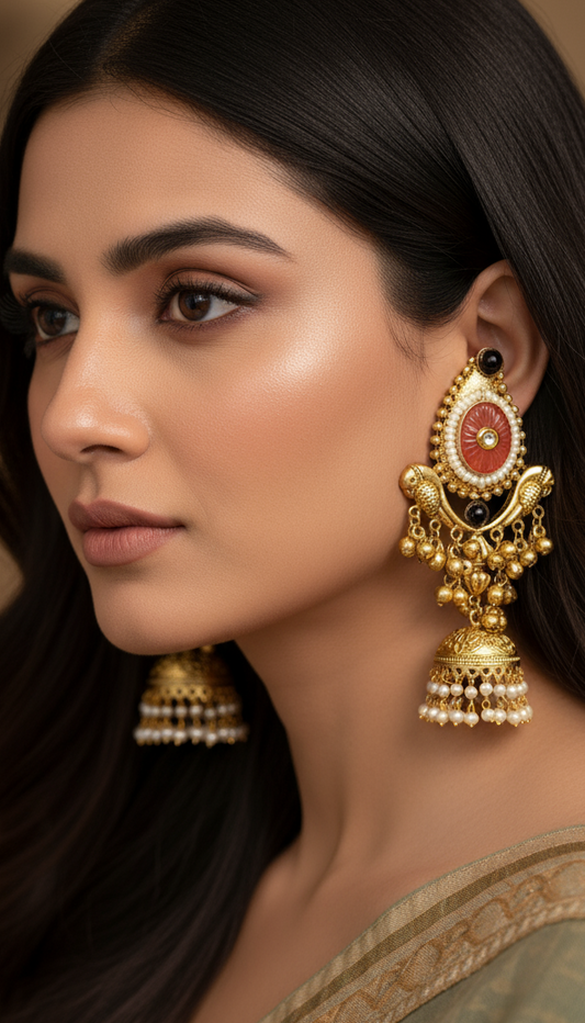 Gold-Toned Parrot Jhumka Earrings.