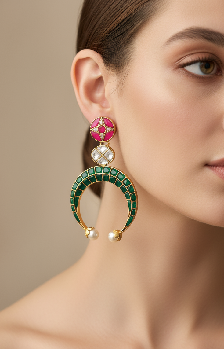 Crescent Moon & Gemstone Drop Earrings