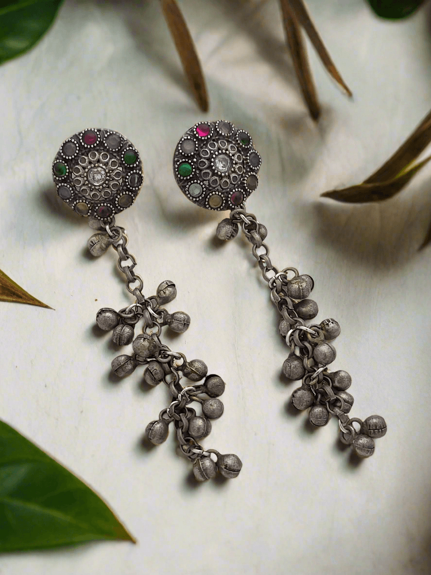 Oxidized multi color earrings with hanging Ghunghroo - Mirae 