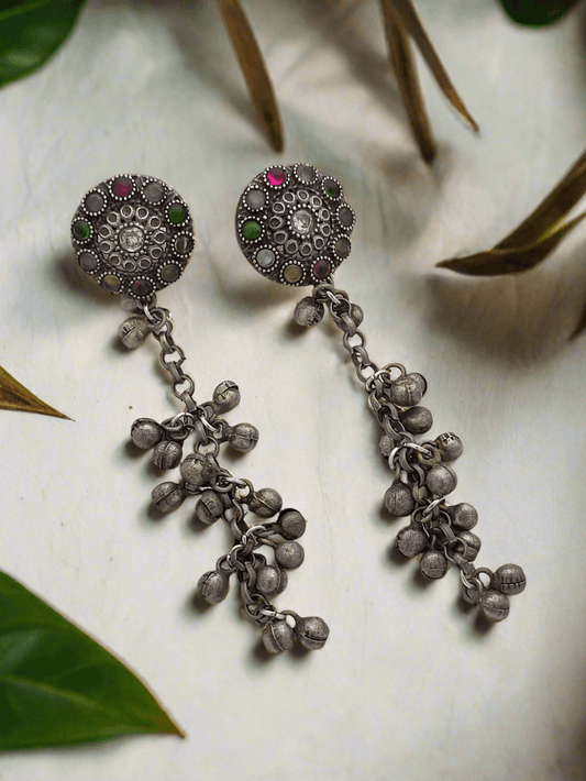 Oxidized multi color earrings with hanging Ghunghroo - Mirae 