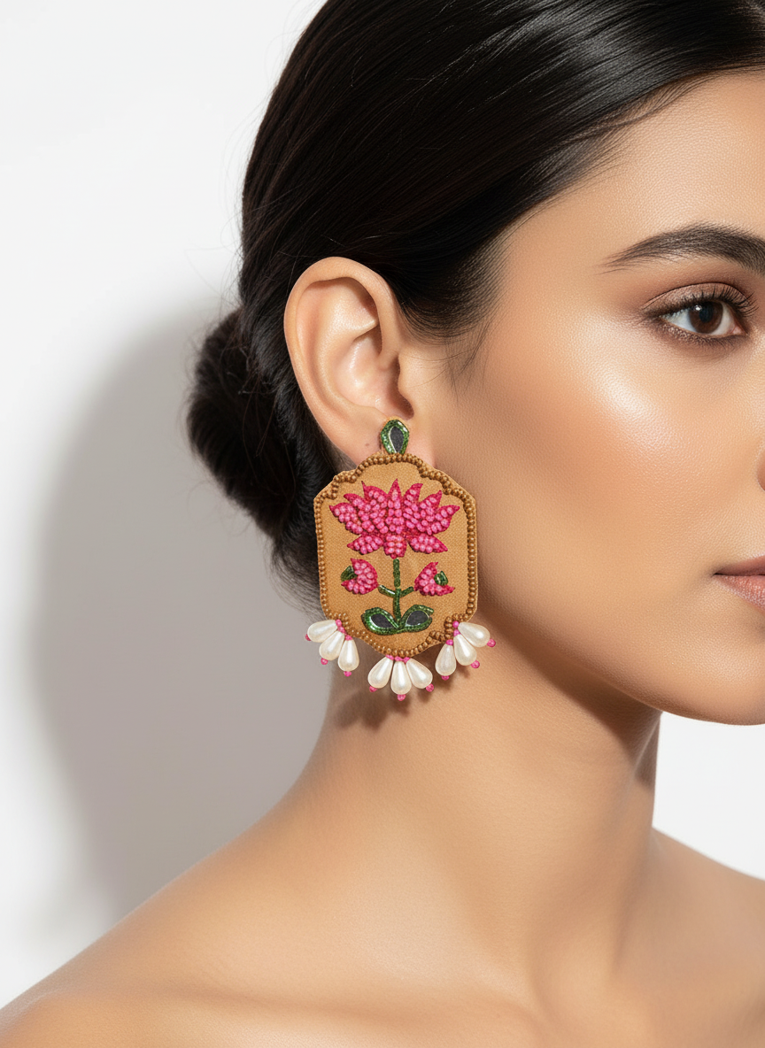 Lotus Motif Embroidery Earrings with Pearl Drops