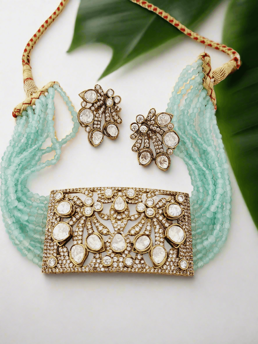 Regal Victorian Design Rectangular Choker Set with Mint Bead Strand - Mirae 