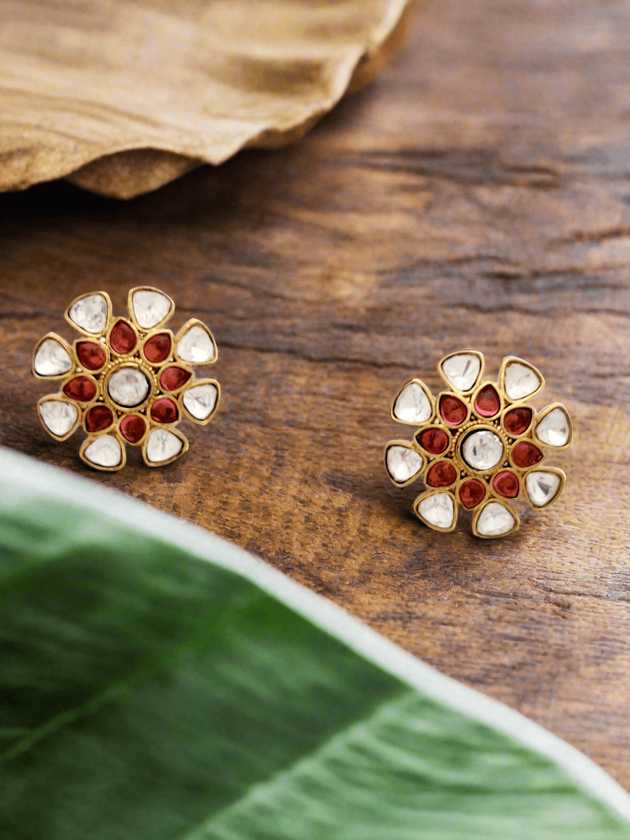 Polki and Ruby Accent Floral Stud Earrings - Mirae 
