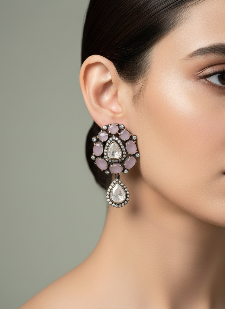 Blush Pink Stone and Polki Accent Drop Earrings