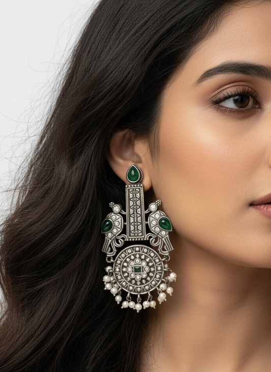 Oxidized Peacock motif long earrings