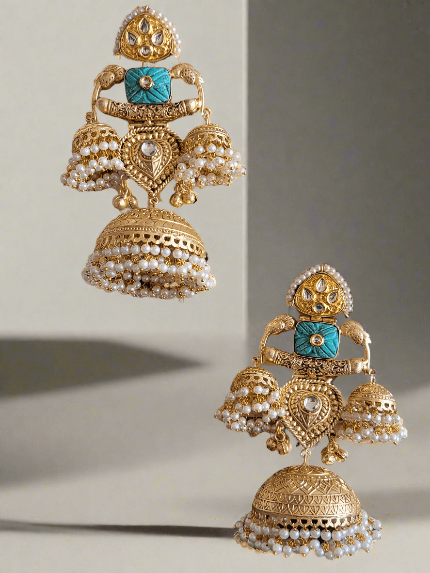 Gold-Toned Big Dome Jhumka Earrings with Turquoise Accents and Pearl Drops. - Mirae 