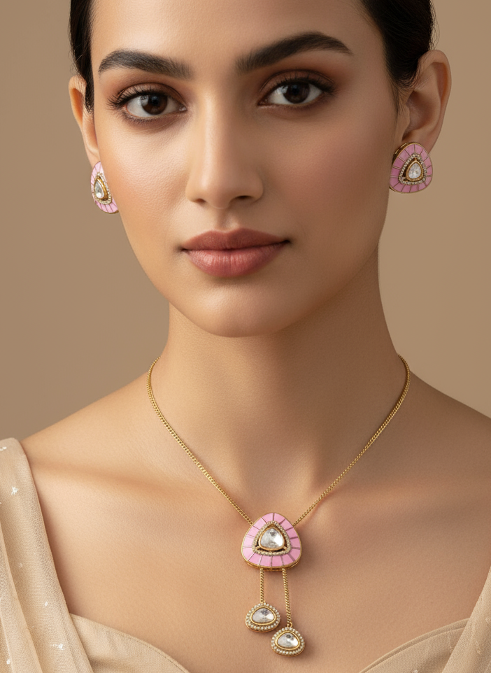 Pink enamel Lariat necklace & earring set