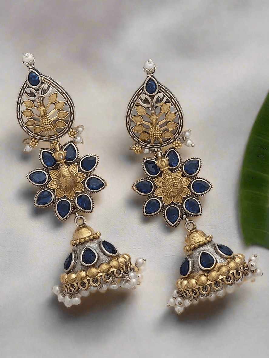 Oxidized Peacock motif long earrings - Mirae 