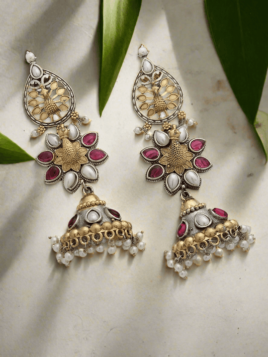 Oxidized Peacock motif long earrings - Mirae 