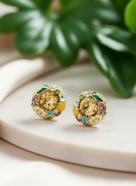 Floral Enamel & Gemstone Stud