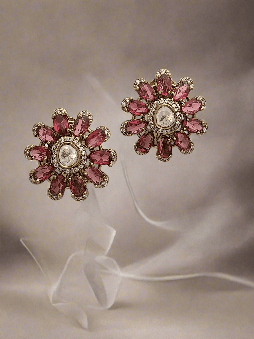 Pink tourmaline studs with Mossonite in antique finish - Mirae 