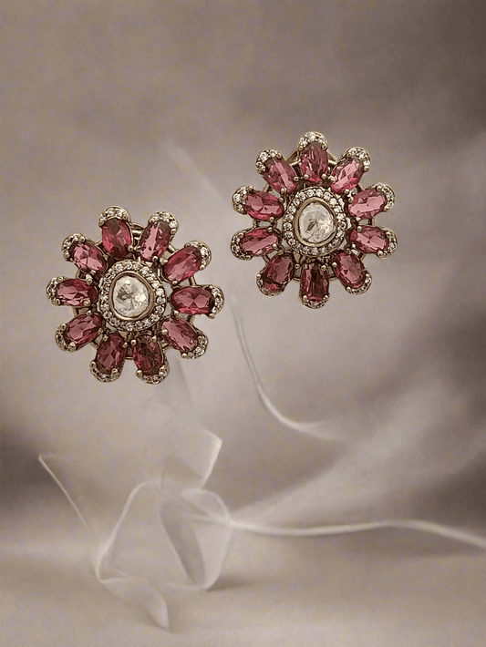 Pink tourmaline studs with Mossonite in antique finish - Mirae 