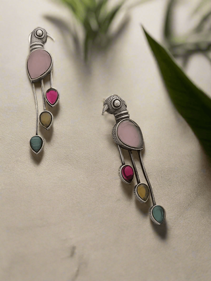 Oxidized parrot motif stick earrings - Mirae 