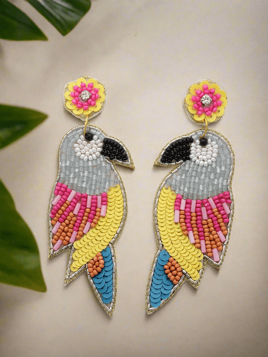 Parrot Beaded and Sequined Dangle Earrings with Floral Topper - Mirae 
