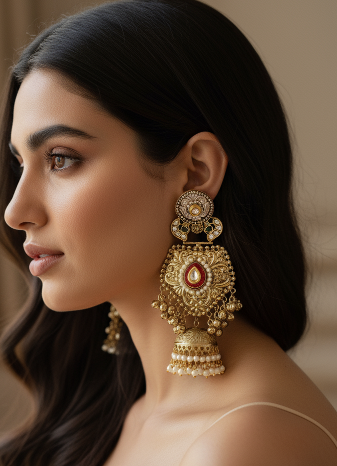 Antique Gold Plated Jhumka Earrings with Enamel and Pearl Drops