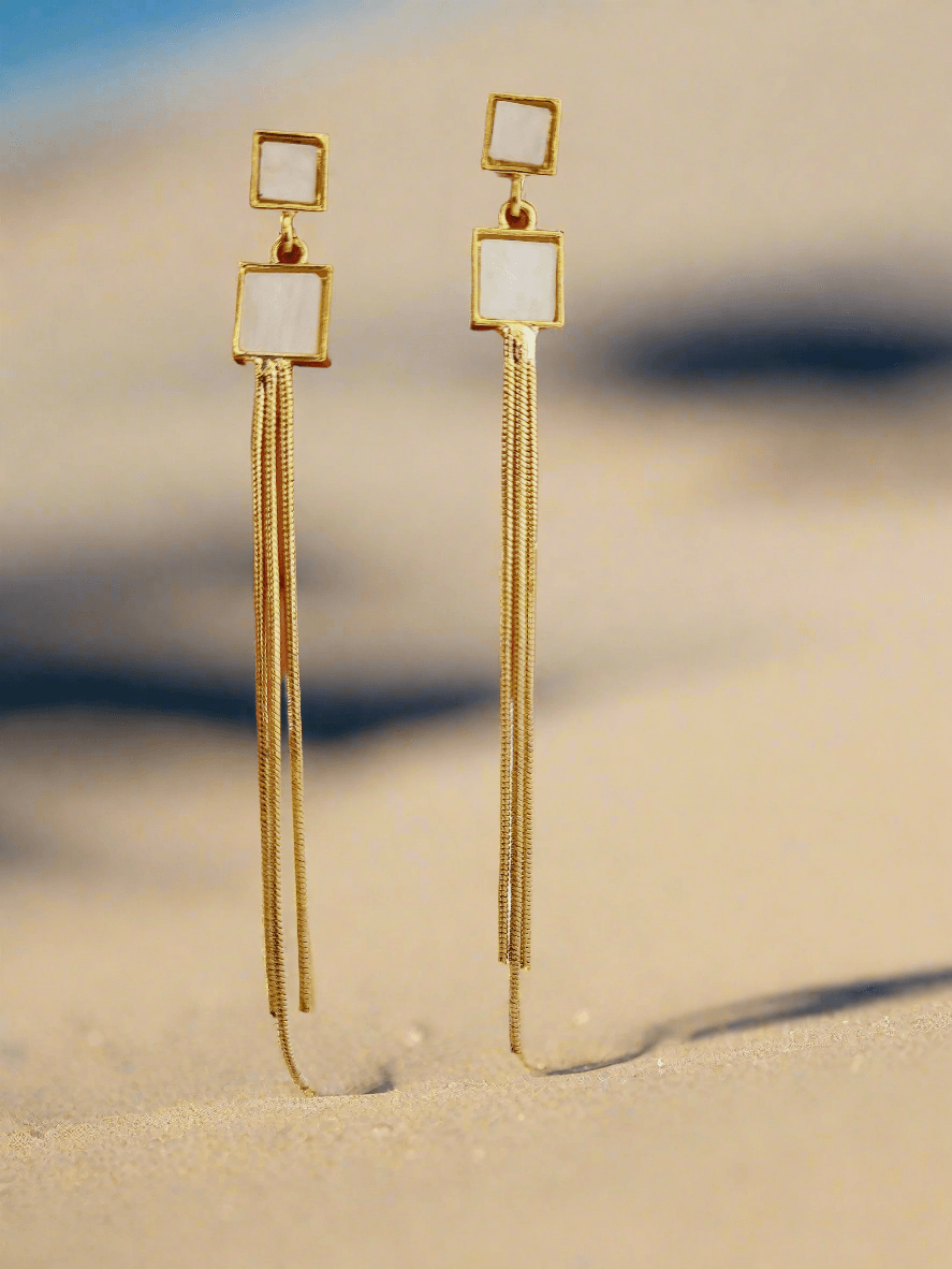 Morden & Chic geometric white stone & chain dangle earrings - Mirae 