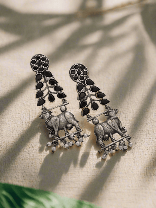Oxidized cow & leaf dangle earrings - Mirae 