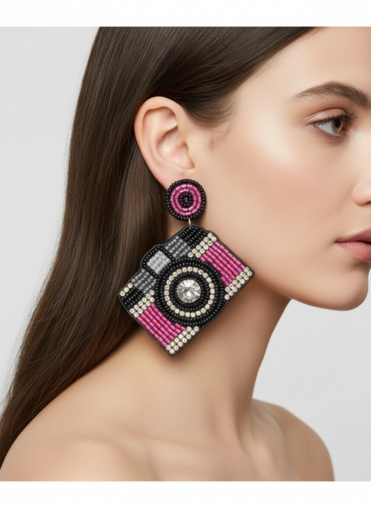 Camera Beaded Dangle Earrings