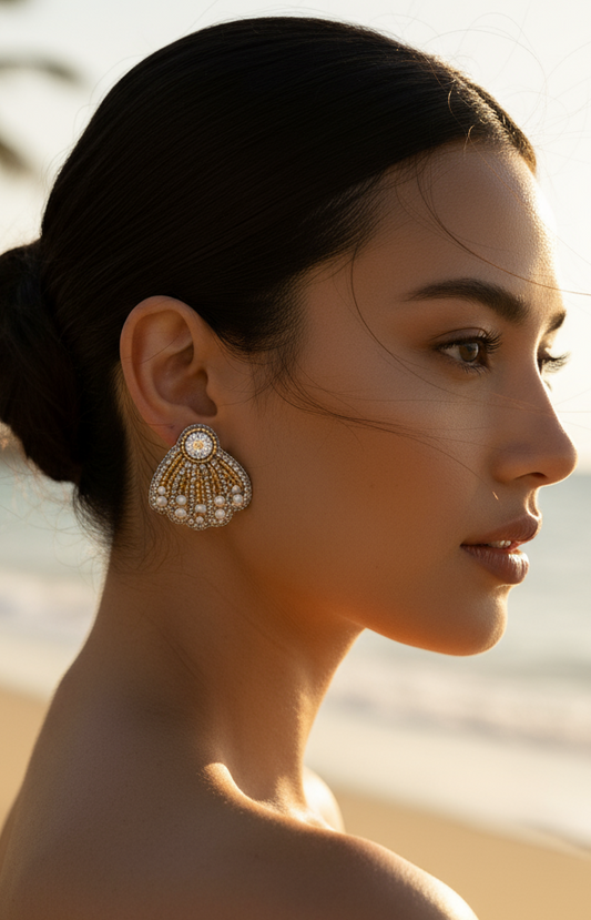 Seashell Beaded Stud Earrings with Pearls and Crystal Accents