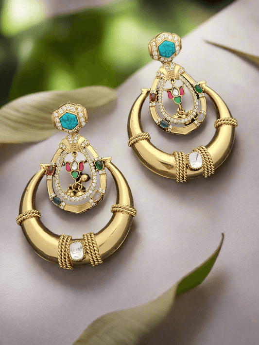 Gold-Toned Hoop Earrings with Turquoise and Multicolored Stone Accents - Mirae 