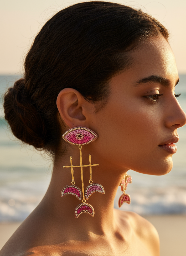 Evil Eye Beaded Dangle Earrings with Crescent Accents