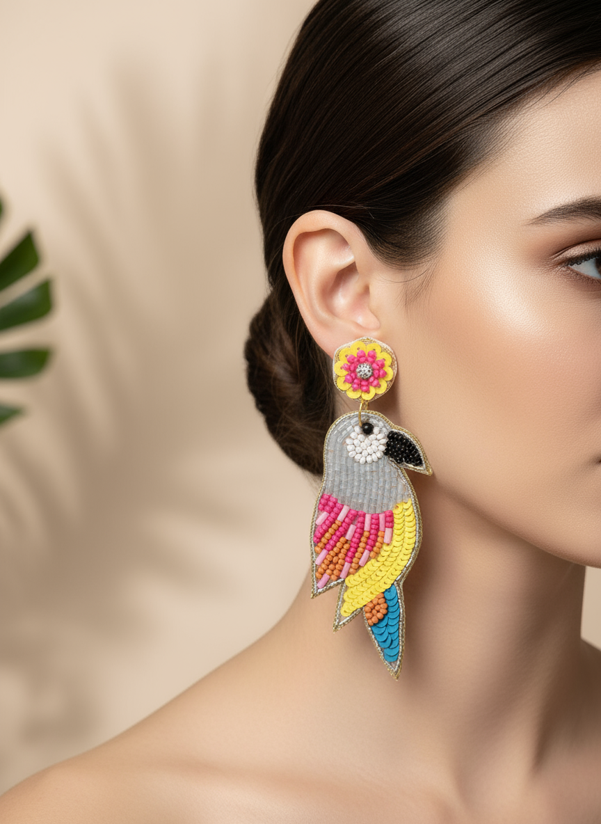 Parrot Beaded and Sequined Dangle Earrings with Floral Topper