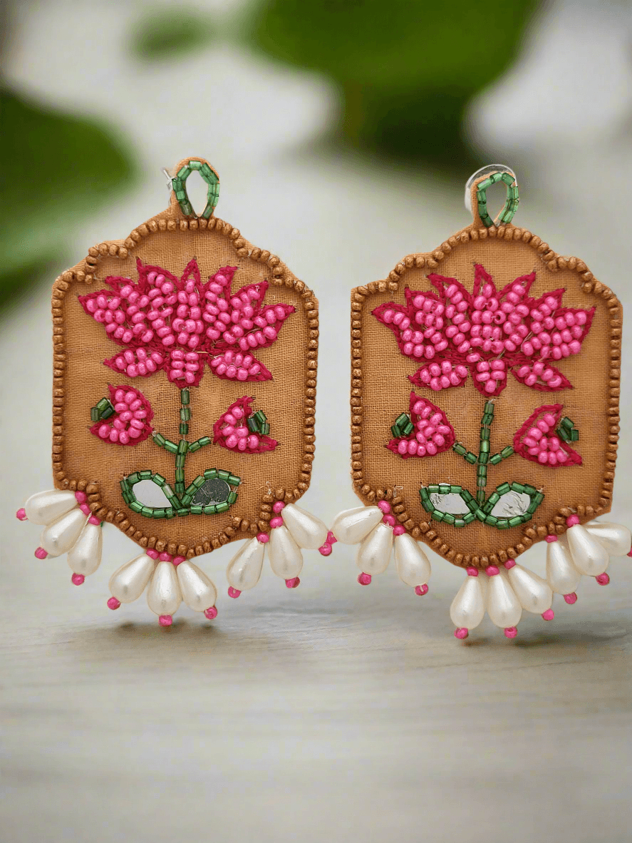 Lotus Motif Embroidery Earrings with Pearl Drops - Mirae 