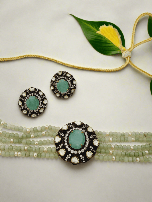 Regal Victorian Style Choker Set with Mint and Pearl Strands - Mirae 