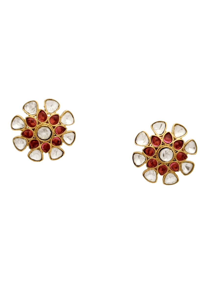 Polki and Ruby Accent Floral Stud Earrings - Mirae 