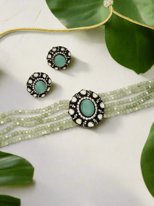 Regal Victorian Style Choker Set with Mint and Pearl Strands - Mirae 