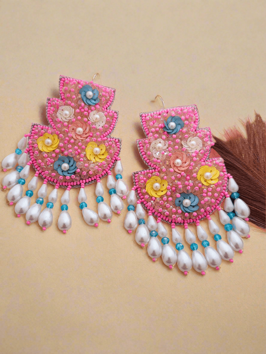 Beaded Chandbali Earrings with Floral Accents and Pearl Drops - Mirae 
