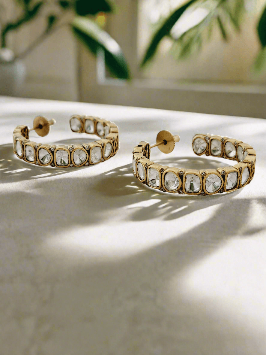 Gold and White Stone Hoop Earrings - Mirae 