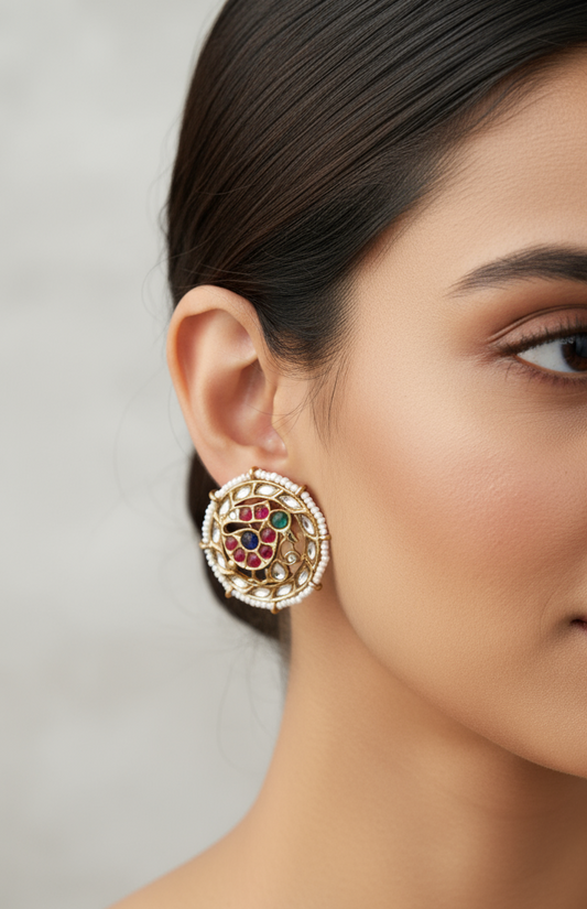 Colorful  Polki Stone Round Stud Earrings